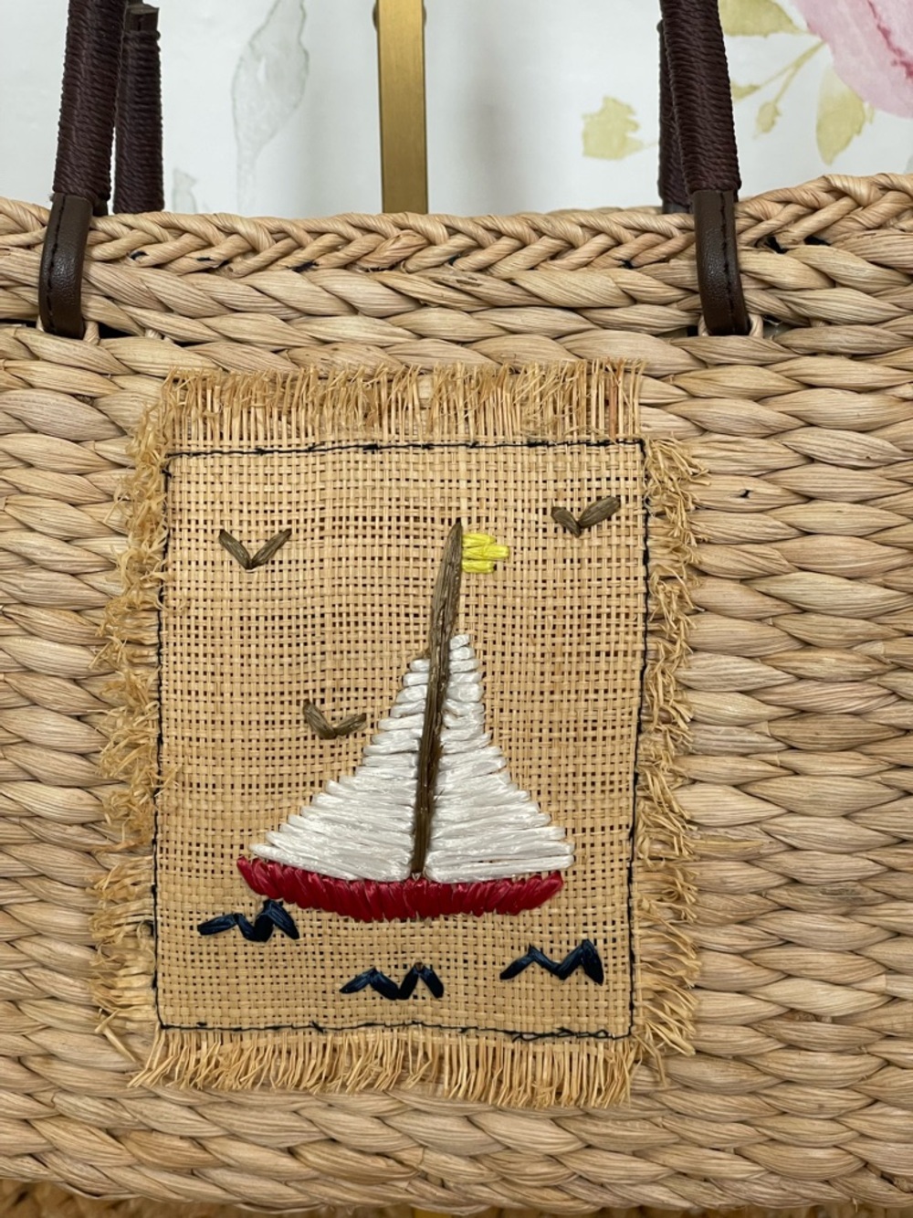 Woven Straw Sailboat Vacation Tote Bag - Natural with Euro Summer Straw Details